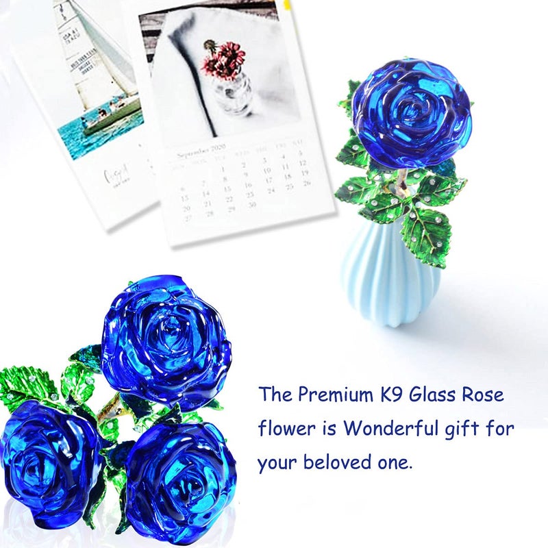 SWEETIME Blue Rose, K9 Crystal Rose Flower, Forever Glass Rose with Green Leaves, Unique Gift for Girlfriend Wife Mom on Valentine's Day, Mother's Day, Thanksgiving, Christmas, Birthday, Anniversary. - Image 4